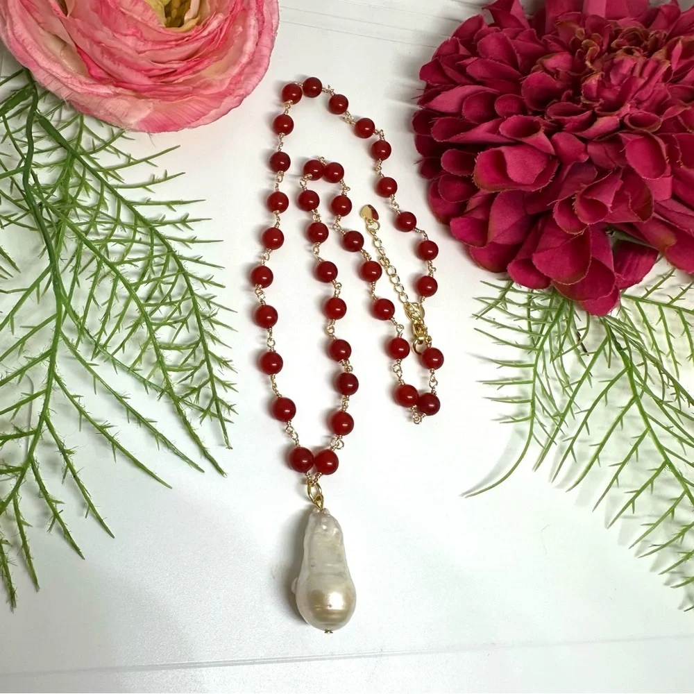 NEW⚜️Red Jade & Freshwater Pearl Handmade Necklace
